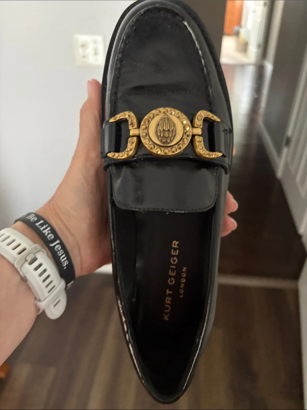 Kurt Geiger Black Patent Loafers with Gold Medallion